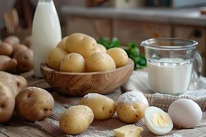 A wooden table with potatoes, eggs, milk and a bowl of milk photo