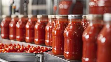 Many jars of tomato sauce are lined up on a conveyor belt photo