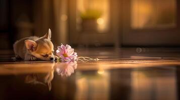 A puppy sniffing a flower on the floor photo