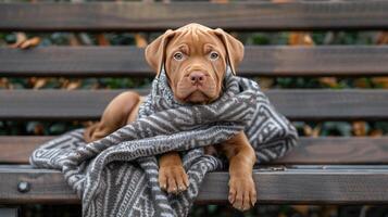A dog wrapped in a blanket on a bench photo