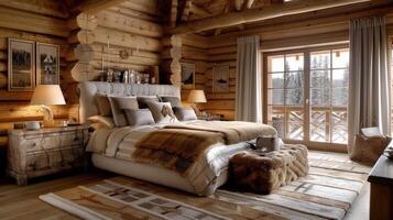 A rustic bedroom with a bed, lamp and window photo