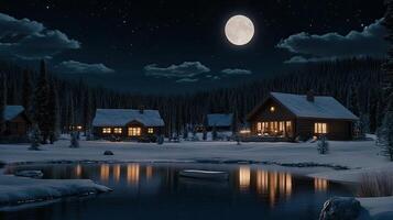 A snowy night scene with a cabin and lake photo
