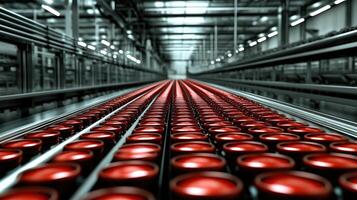 A long line of red bottles on a conveyor belt photo