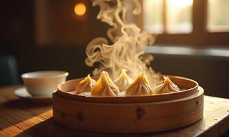 Steaming dumplings bamboo steamer morning light cozy restaurant photo