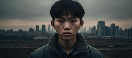 A young man with dark hair and a city in the background photo