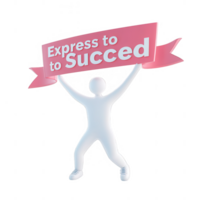 A cartoon figure holding a success banner, symbolizing achievement and motivation. png