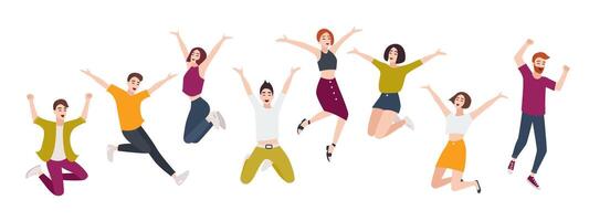Group of young happy people jumping together with raised hands. Smiling positive men and women isolated on white background. Happiness, fun and rejoice. Flat cartoon colorful illustration vector