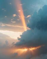 Glowing sunbeam breaks through stormy clouds during a dramatic sky transition at sunset photo