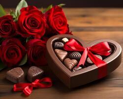 romántico rojo rosas y corazón conformado chocolate caja foto