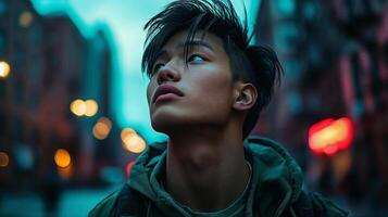 Portrait of a young Asian male looking up with city lights in the background at dusk photo