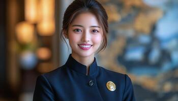 Woman in stylish black outfit smiles warmly in a luxurious interior, showcasing elegance photo