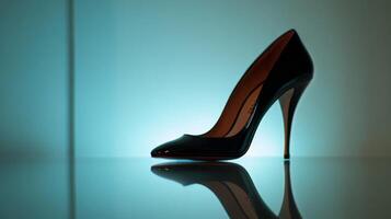 Black High Heel Shoe on a Reflective Surface. photo