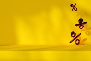 Bright yellow background features bold percentage symbols suggesting discounts during sale event. The lively colors create an energetic atmosphere for shoppers. Copy space for text or product display. photo