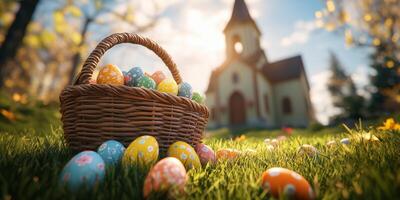Colorful easter eggs in a basket on grass near a quaint church during sunset photo