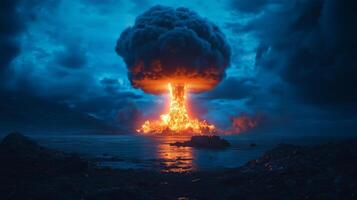 A huge explosion erupts from the ocean, forming a massive cloud over the water at dusk photo
