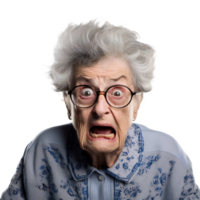 schockiert Alten Frau mit Gläser, isoliert auf transparent png