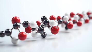 Red and white molecular protein structure displays 3D scientific model with metallic bonds, featuring spherical atoms in left-aligned composition with reflection effects. structure photo