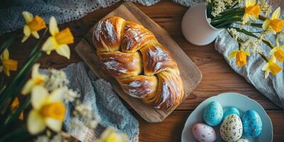 Traditional Easter flat lay with braided bread and decorated eggs for festive celebrations photo