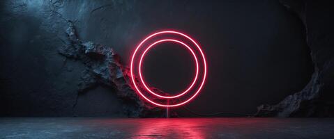 Illuminated red neon circle on textured dark background. photo