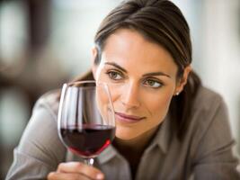 Woman leaning over glass of wine modern bar lifestyle photography intimate environment close-up view wine appreciation photo