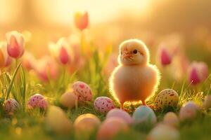 Little chick standing in grass surrounded by easter eggs and tulips during sunset photo