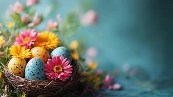 Colorful Easter eggs in a nest surrounded by vibrant spring flowers in a bright setting. photo