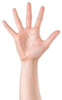 Open hand gesture signaling greeting or invitation during daylight hours photo