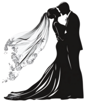 A silhouette of a bride and groom kissing png