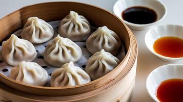 Steamed dumplings served in a bamboo basket with dipping sauces on the side. photo
