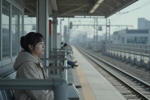 Young Asian woman with dark hair, wearing a beige coat, sitting on a bench at a train station photo