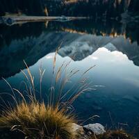 Serene Mountain Lake Reflection with Golden Grass in the Foreground Peaceful Nature Scene Tranquil Landscape Photography photo