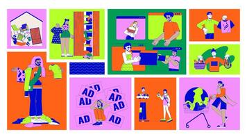 Sustainable fast fashion and overconsumption animated bento grid layout. Conscious consumerism. Online commerce, marketing ads 2D animation flat cartoon ui collage. 4K motion graphic collection video