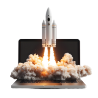 un' bianca razzo lancio a partire dal un' il computer portatile computer, con intenso pennacchi di Fumo. png