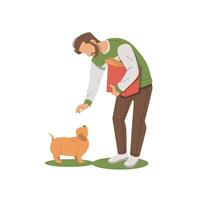 retrato de hombre llevar un pan y jugando con perro plano diseño vector
