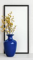 Mock up with yellow flowers in blue vase on white shelf 3d render photo