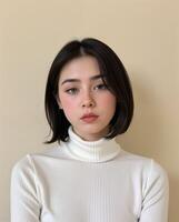 Young Woman with Bob Hairstyle in White Turtleneck Against Beige Wall photo