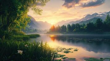 Majestic Lake Reflecting Golden Sunset Sky in Forest Landscape with Mountains and Lush Greenery photo