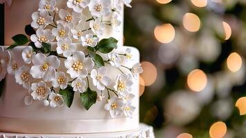 elegante Boda pastel adornado con intrincado blanco floral decoraciones, Perfecto para bodas y celebraciones video