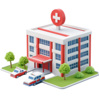A Red and White Hospital Building with Two Ambulances Isolated on Transparent Background. png