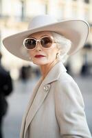 A senior woman radiates elegance in a designer hat and chic sunglasses while walking through Paris. Soft sunlight enhances the stunning atmosphere of this fashionable moment photo