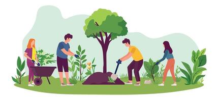 personas plantando árboles, verde césped, y hojas en plano ilustración, personas trabajando en un jardín o parque naturaleza concepto diseño, aislado en un blanco antecedentes vector