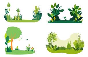 conjunto de ilustraciones verde arboles bosque paisaje bandera elementos plano diseño, arbusto, isla, jardín, parque, aislado en un blanco antecedentes vector