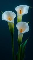 Three calla lilies showing their elegance with water droplets on dark background photo