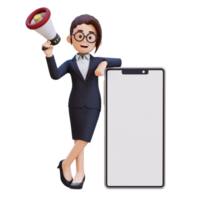 une femme dans une costume en portant une mégaphone et permanent suivant à une blanc gros cellule téléphone png