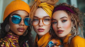 Dynamic shot of diverse women posing together in vibrant outfits with a backdrop of urban architecture. photo