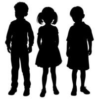 silueta de Tres diverso niños en pie juntos en blanco antecedentes. chico y niña niño silueta vector