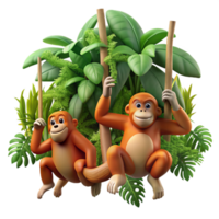 schön minimalistisch ein Familie von Orang-Utans schwingen durch das Bäume, dicht Urwald Laub, dynamisch Bewegung Prämie png