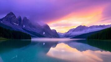 Lake Reflecting Mountains at Sunrise in Purple and Gold Hues video