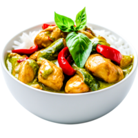delizioso verde pollo curry nel bianca ciotola con fresco basilico e peperoni png