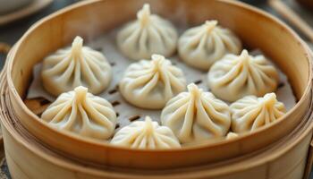 Steaming hot dumplings in a bamboo steamer ready to be served and enjoyed photo